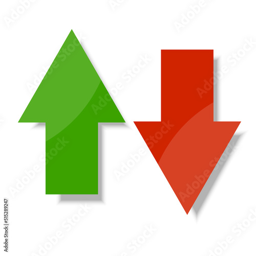 red and green arrows. Green arrow up. Red down arrow. Vector illustration. stock image.