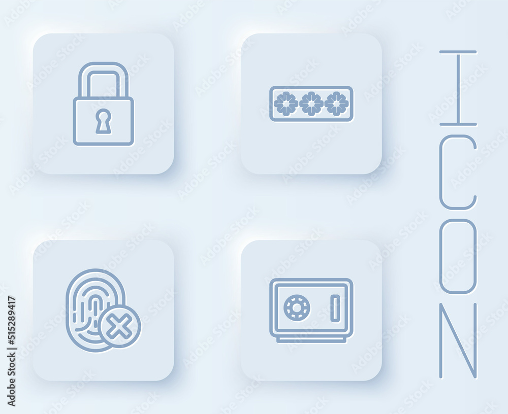 Set line Lock, Password protection, Cancelled fingerprint and Safe. White square button. Vector Set line Lock, Password protection, Cancelled fingerprint and Safe. White square button. Vector