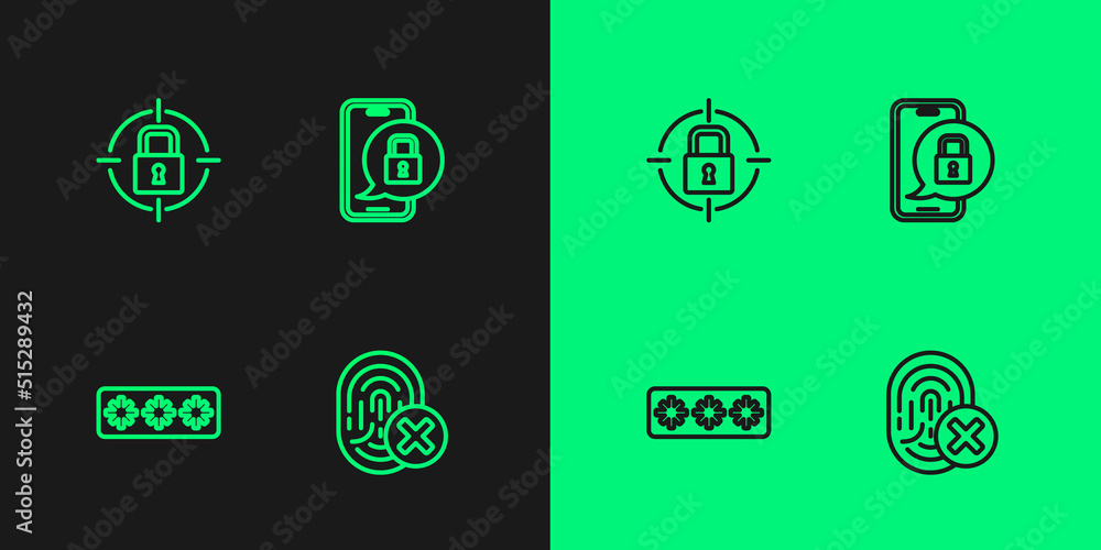 Set line Cancelled fingerprint, Password protection, Lock and Mobile with closed padlock icon. Vector