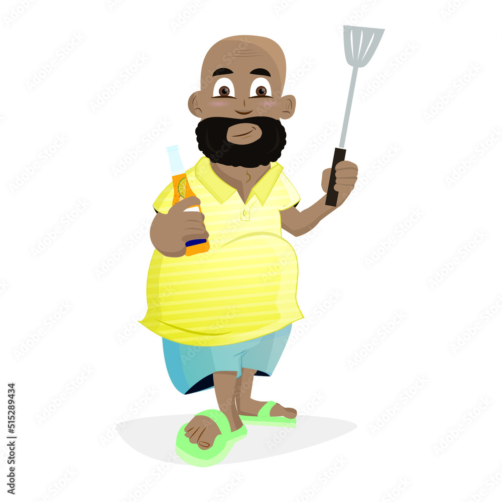 Happy Dad in Yellow Shirt Grilling Holding Beer Drink in Sandals Happy Dad in Yellow Shirt Grilling Holding Beer Drink in Sandals