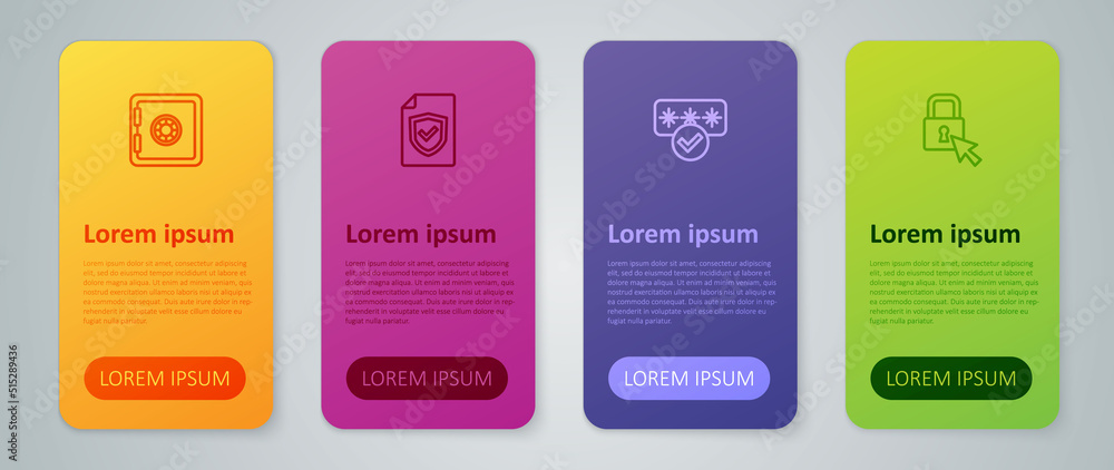 Set line Password protection, Lock, Safe and Contract with shield. Business infographic template. Vector Set line Password protection, Lock, Safe and Contract with shield. Business infographic template. Vector