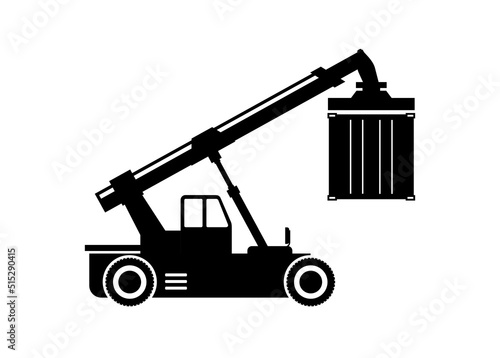 Container handler forklift lifting container. Simple illustration in black and white.
