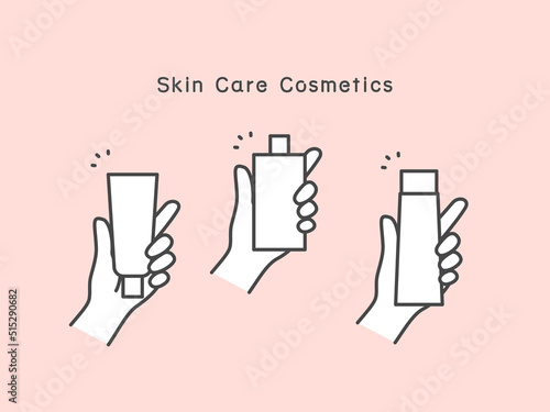 色々なスキンケアコスメを持つ手　Skin Care Cosmetics