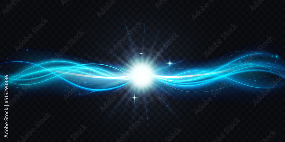 Abstract shiny azure blue color waves connect and flow vector illustration. Magic luminous wavy curve shapes connecting and glowing, neon swirl glow energy lines on transparent black background