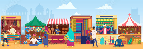 Asian outdoor street market with local people, tourists vector illustration. Cartoon bazaar marketplace with stall kiosks selling traditional pottery, spices and kebab meat, food and hookah background