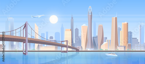 Futuristic skyline of modern city vector illustration. Cartoon metropolis cityscape with infrastructure, highway on bridge over river or bay, airplane flying over buildings panorama background