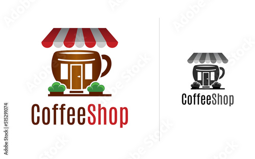 Coffee Shop with the flat cup silhouette and canopy as a logo design template.