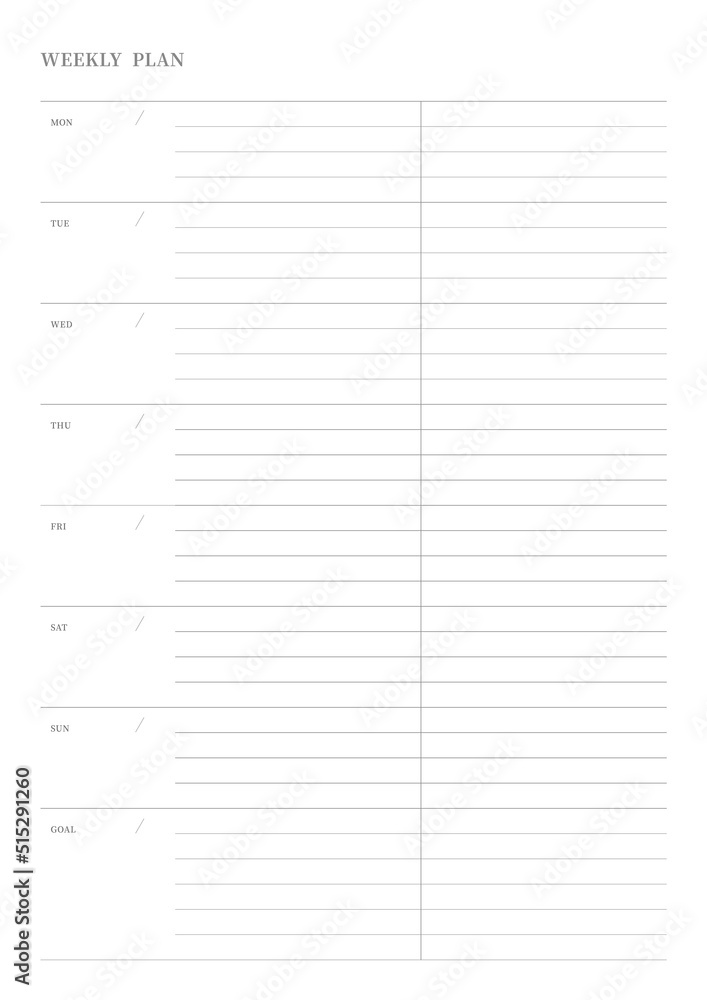 Note, scheduler, diary, calendar planner document template illustration. Weekly plan. Note, scheduler, diary, calendar planner document template illustration. Weekly plan.