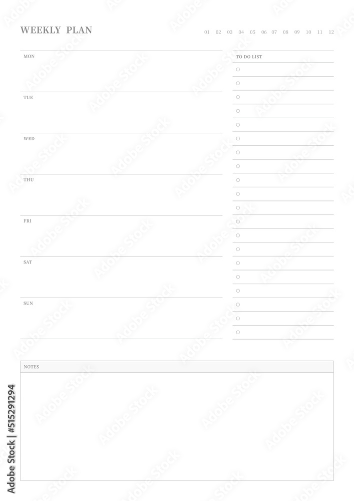 Note, scheduler, diary, calendar planner document template illustration. Weekly plan. Note, scheduler, diary, calendar planner document template illustration. Weekly plan.