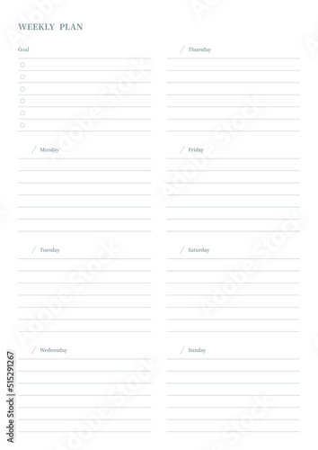 Note, scheduler, diary, calendar planner document template illustration. Weekly plan.