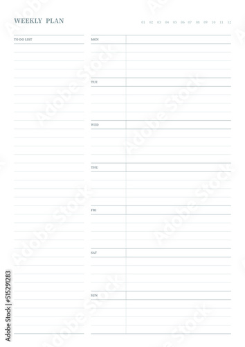 Note, scheduler, diary, calendar planner document template illustration. Weekly plan.