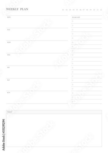 Note, scheduler, diary, calendar planner document template illustration. Weekly plan.