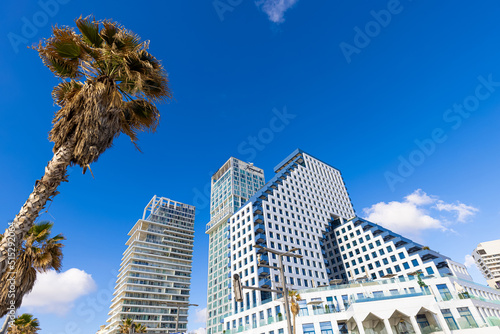 Scenic Tel Aviv coastline seashore promenade with hotels and beaches near Old Jaffa port. © eskystudio