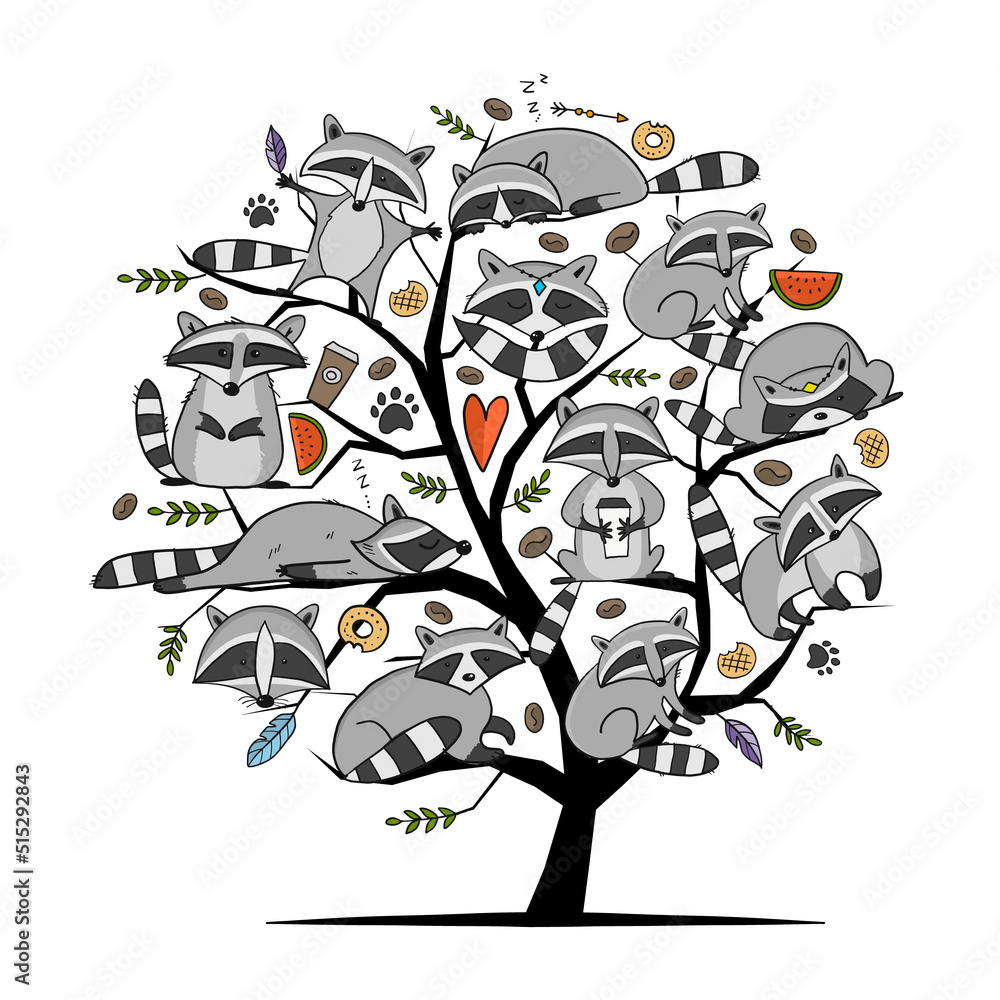 Racoons Family tree. Funny Characters. Art for your design