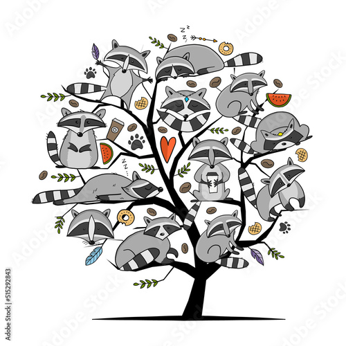 Racoons Family tree. Funny Characters. Art for your design