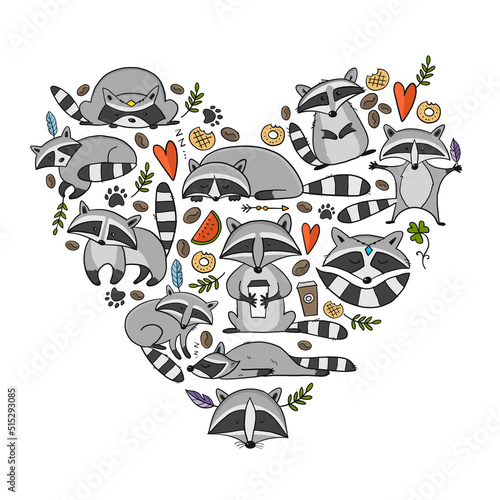 Racoons Family. Funny Characters. Art frame heart shape for your design