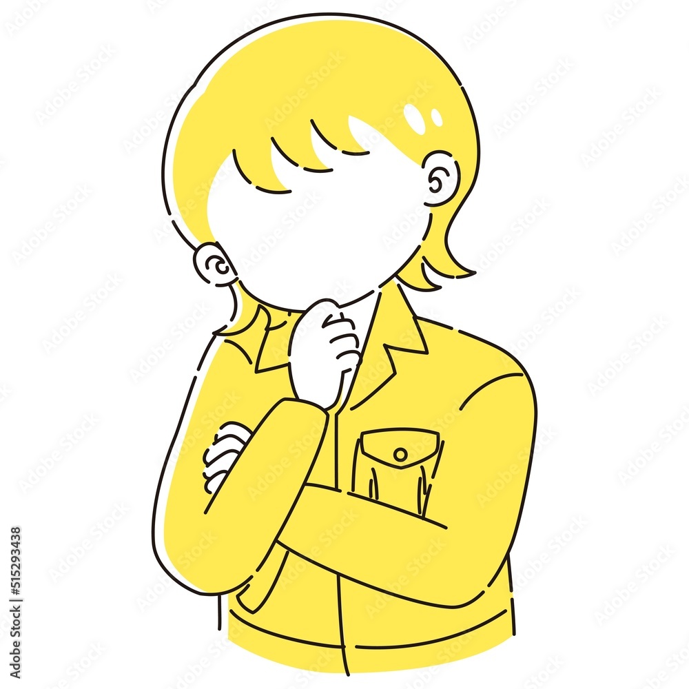 考え事をしている作業服を着た女性のイラスト