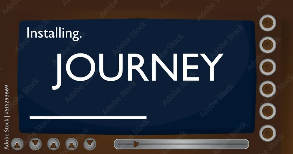 Cartoon Computer With the word Journey. Video message of a screen displaying an installation window. Cartoon Computer With the word Journey. Video message of a screen displaying an installation window.