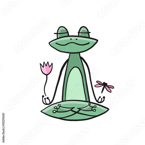 Yoga frog meditate in lotus pose. Isolated on white background. Cartoon for y...