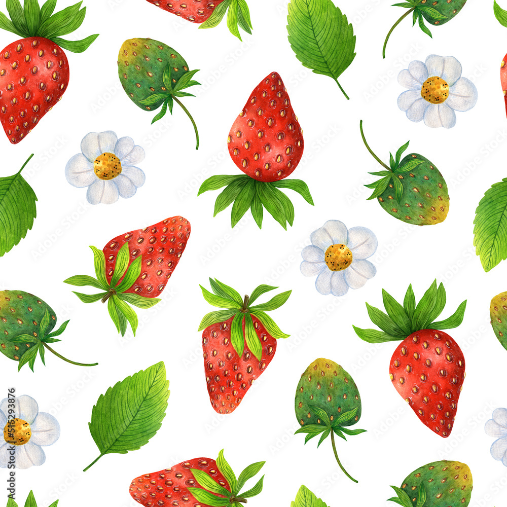Fresh strawberry seamless watercolor pattern. Red sweet berry, unripe green fruit, leaves, blooming flowers. Whole wild strawberries. Hand drawn tasty garden dessert. Natural healthy food