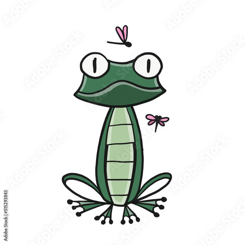 Little funny frog with fly. Isolated on white background. Cartoon for your de...