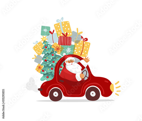 Modern Santa Claus in a car with a bunch of gifts and a Christmas tree. Funny and cute christmas character for design, card, banner. Flat cartoon vector winter holiday illustration isolated on white