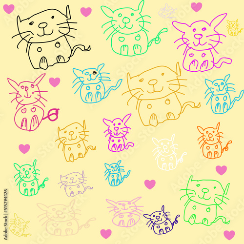 Cat hand drawn in cartoon character pastel background