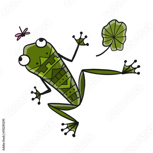 Little funny frog with fly. Isolated on white background. Cartoon for your de...