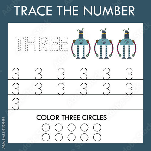 A game of tracing the outlines of the number three with funny robots . Preschool worksheet, kids activity sheet, printable worksheet