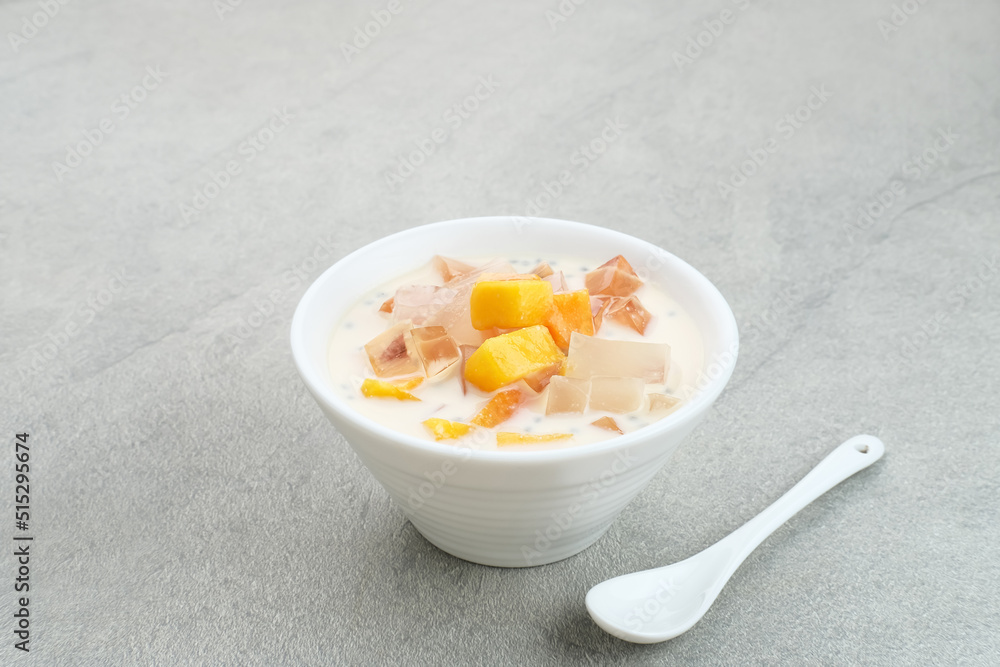 Mango Cheese Milk, a dessert made from jelly, nata de coco, basil seed, sweet mango, cream cheese and milk.
Mango Cheese Milk, a dessert made from jelly, nata de coco, basil seed, sweet mango, cream cheese and milk.