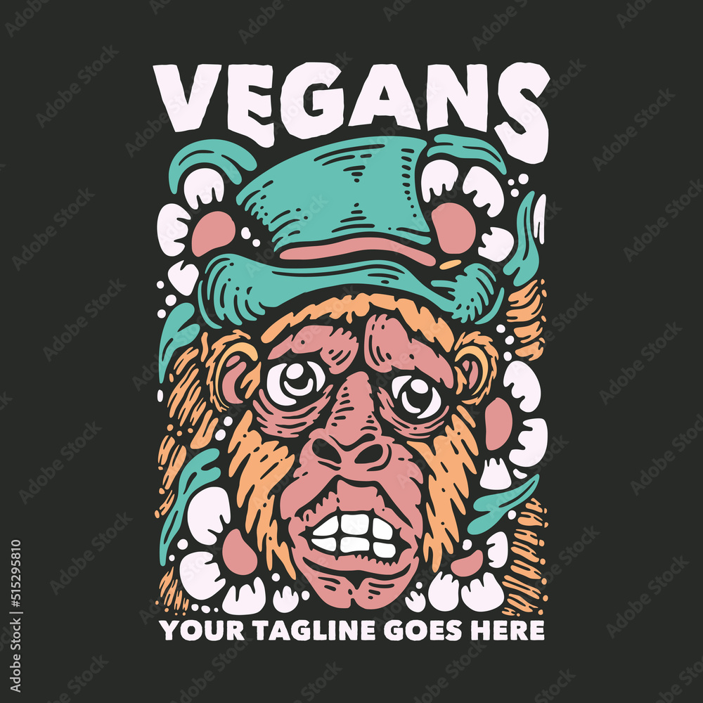 t shirt design vegans with with monkey wearing hat and gray background vintage illustration