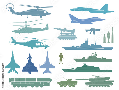A set of silhouettes of military equipment. Aviation, ships and ground military forces. Vector graphics
