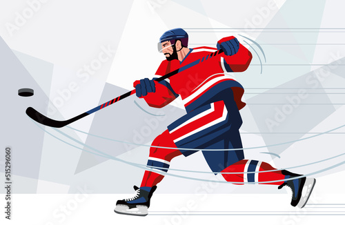 A stylish hockey player hits the puck with a stick. Red and blue uniform. Vector illustration