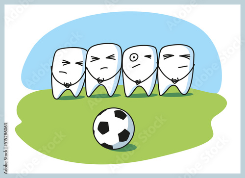Cool teeth are preparing for a penalty kick. Funny illustration for a children's dental clinic. Vector graphics