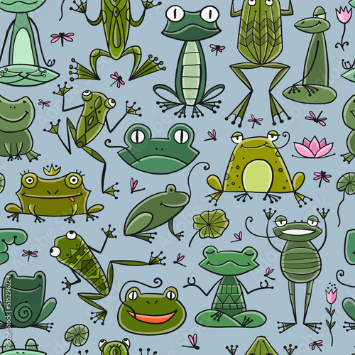 Funny frogs family. Seamless pattern background for your design