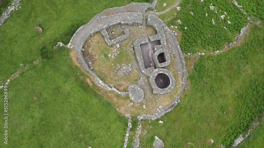 overhead birds eye view Fahan BeeHive Huts Dingle peninsula Ireland drone aerial overhead birds eye view Fahan BeeHive Huts Dingle peninsula Ireland drone aerial