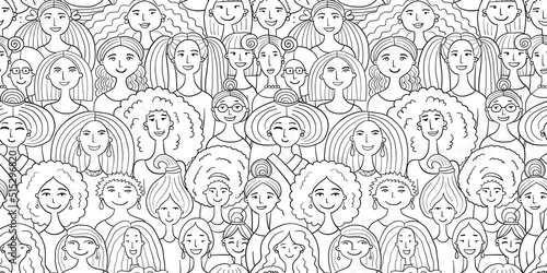 Women community. Big female family. Group of pretty girls. Team of girls. Colouring page. Seamless pattern background for your design