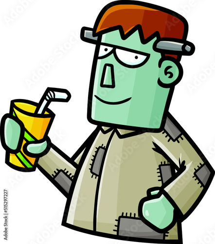 Funny cartoon frankenstein holding orange juice for summer