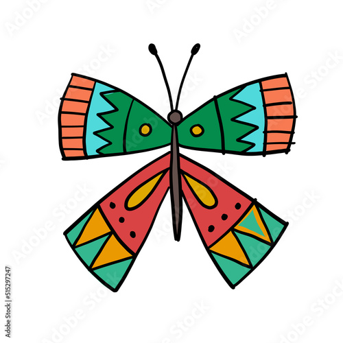 Ornate colorful butterfly, isolated on white. Cartoon for your design