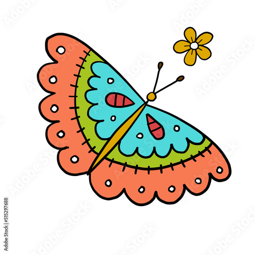 Ornate colorful butterfly, isolated on white. Cartoon for your design