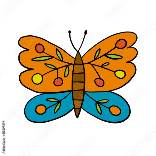 Ornate colorful butterfly, isolated on white. Cartoon for your design