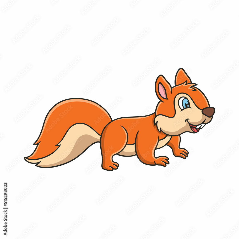 cartoon illustration a squirrel running towards food on a fallen tree trunk in the middle of the forest cartoon illustration a squirrel running towards food on a fallen tree trunk in the middle of the forest