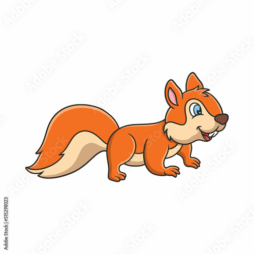 cartoon illustration a squirrel running towards food on a fallen tree trunk in the middle of the forest