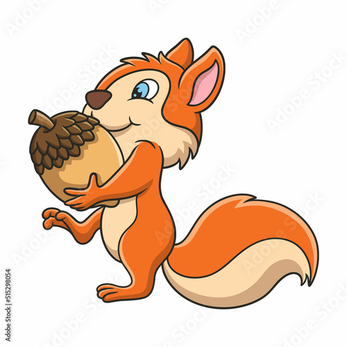 cartoon illustration the squirrel is collecting food supplies in the form of acorn nuts which are stored in his house on the tree