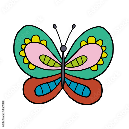 Ornate colorful butterfly, isolated on white. Cartoon for your design