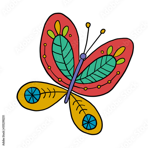 Ornate colorful butterfly, isolated on white. Cartoon for your design
