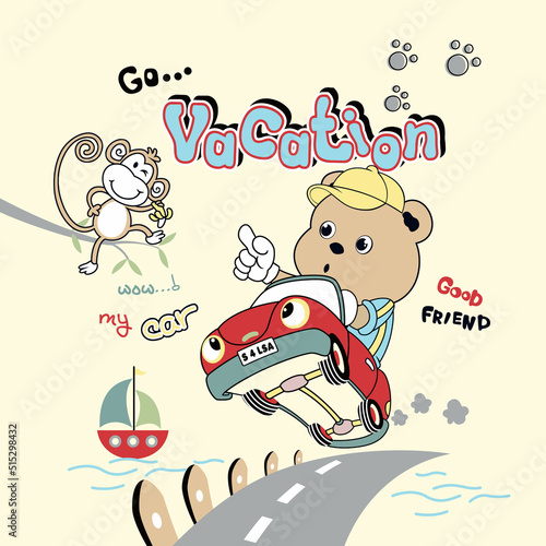 cute little bear racer vector cartoon illustration 