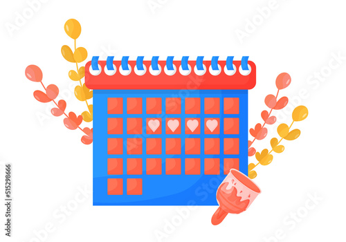 Calendar of the female menstrual cycle, ovulation check. The concept of monthly women's days. Calendar with botanical elements, eucalyptus branches, cotton. Vector illustration in cartoon style