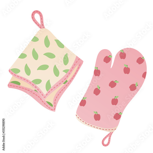 Cooking glove and kitchen towel in cartoon style. Hanging oven mitten and towel.