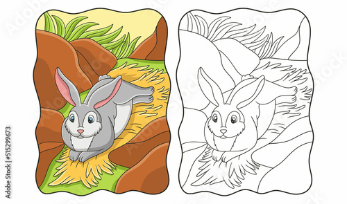 cartoon illustration the rabbit is lying on the hay under the cliff to enjoy the sunshine in the middle of the forest book or page for kids
